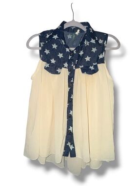 36 Point 5 sleeveless star print collared buttoned chiffon blouse